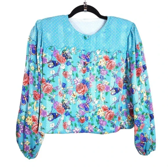 Diane Freis Womens Dress Jacket Set Vtg Georgette Blue Polka Dot Floral Maxi 6 - Picture 4 of 16